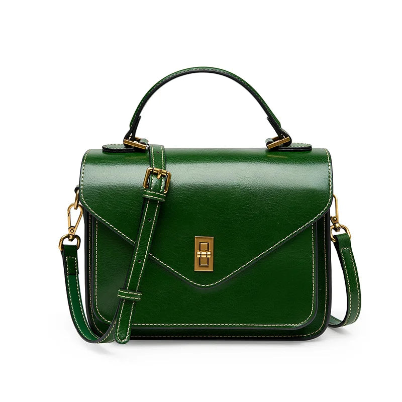 Genuine Leather Women's Shoulder Bag – Green Square Postman Crossbody Handbag