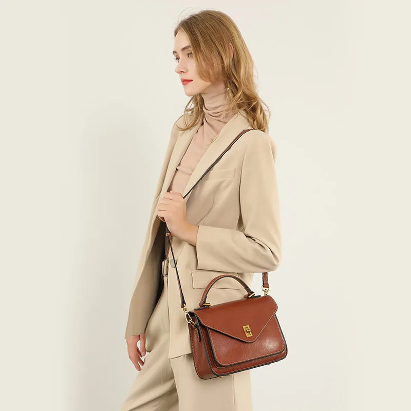 Genuine Leather Women's Shoulder Bag – Green Square Postman Crossbody Handbag