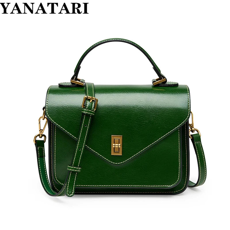Genuine Leather Women's Shoulder Bag – Green Square Postman Crossbody Handbag