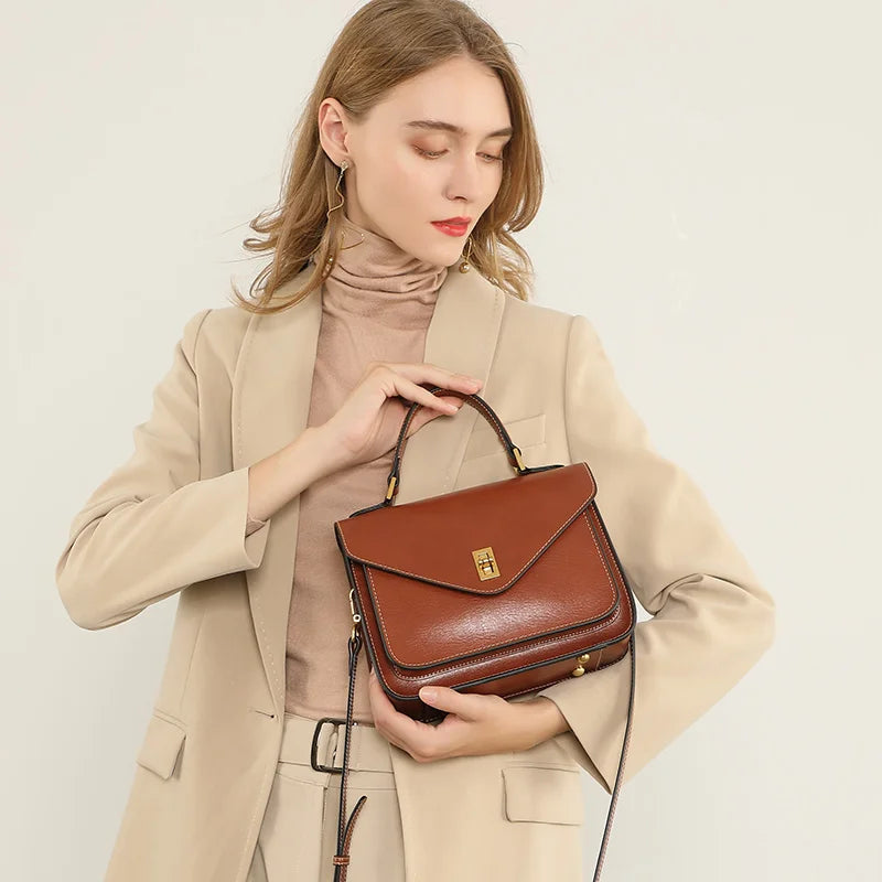 Genuine Leather Women's Shoulder Bag – Green Square Postman Crossbody Handbag
